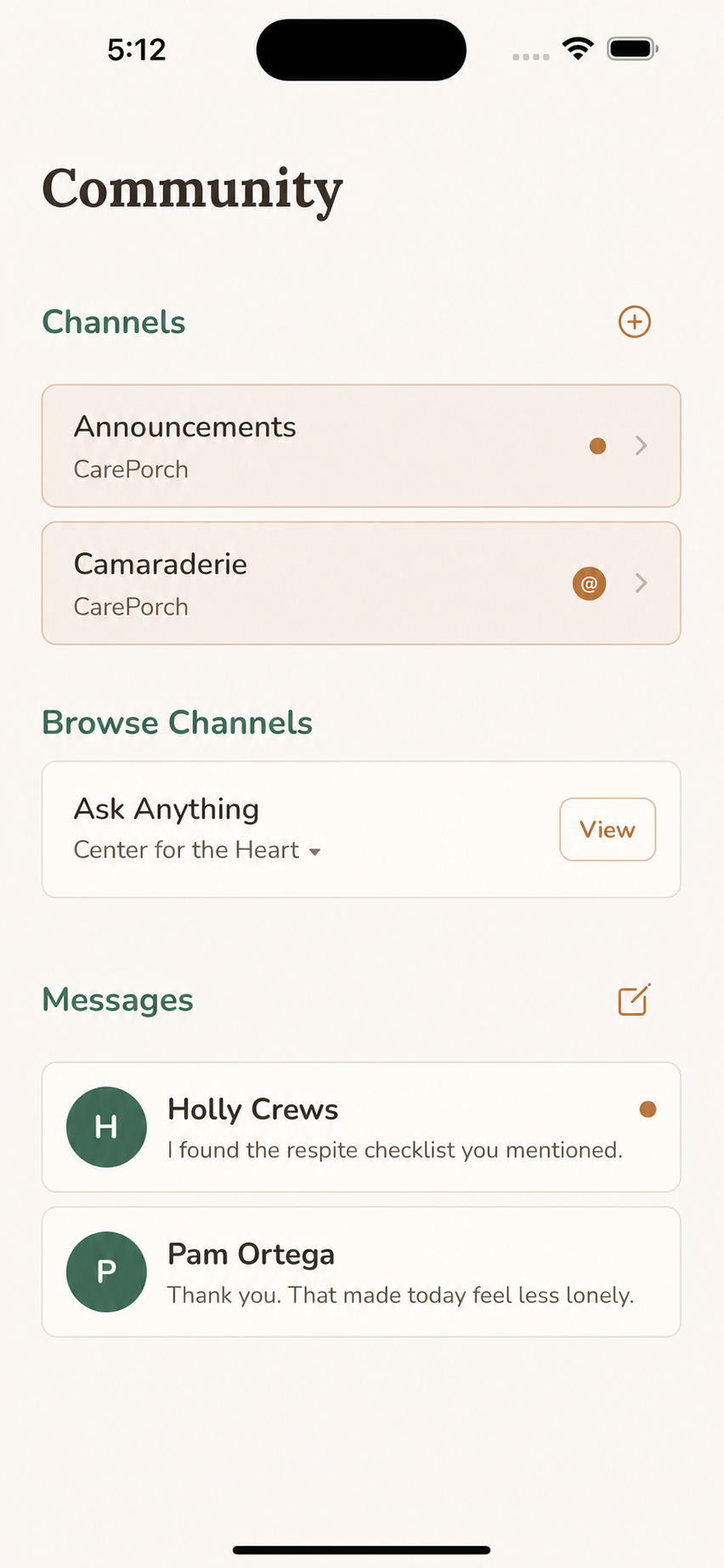 CarePorch community screen showing channels and caregiver messages